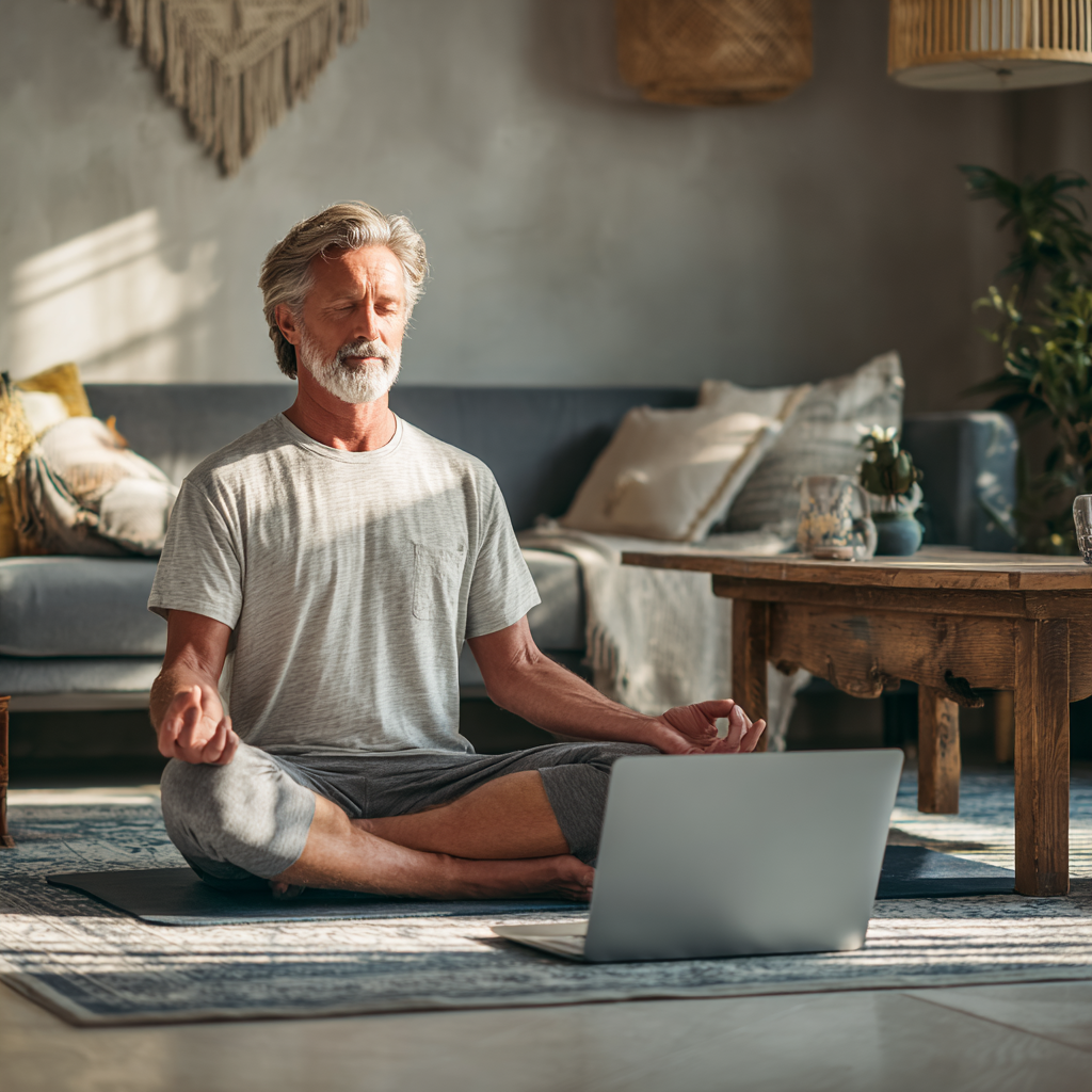 Мъж на 58 години практикува йога пред лаптоп в хола на дома си с постелка на пода и удобни спортни дрехи