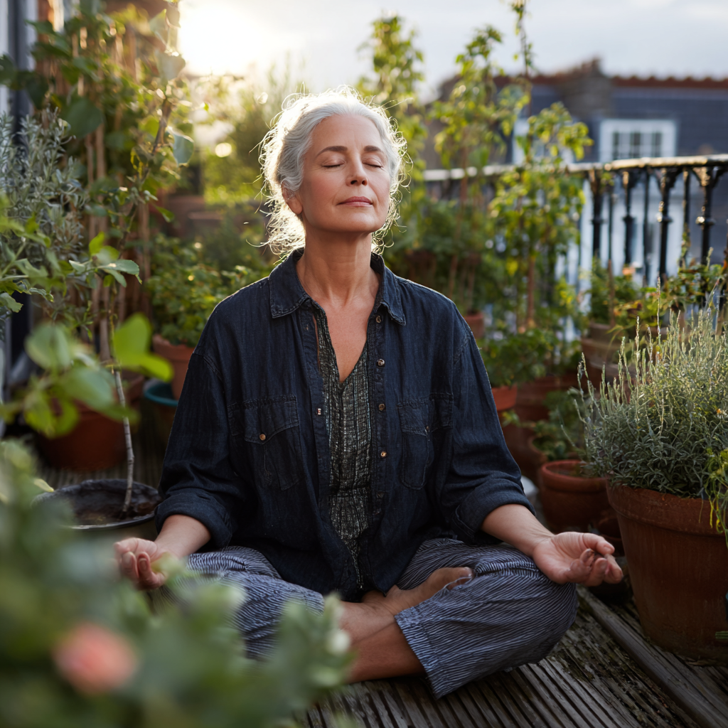 Спокойна жена на 52 години седи в медитативна поза с затворени очи на тиха тераса сутрин заобиколена от растения
