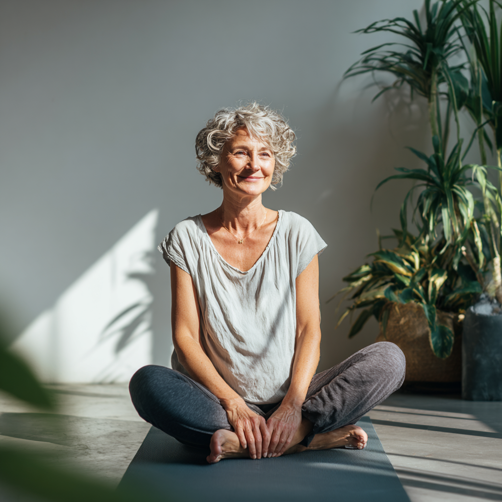 Усмихната жена на 55 години в удобни дрехи за йога седи в медитативна поза на йога постелка в светла стая със зелени растения